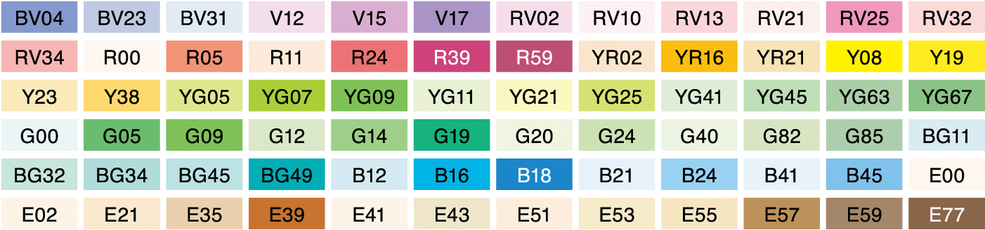 Copic Classic 72pc Color Set C : Color list